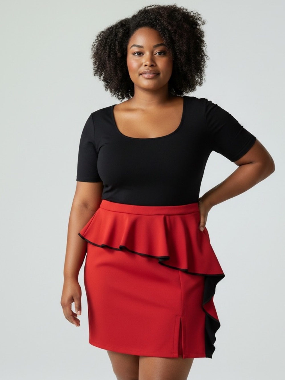 Eloquii Red Ruffle Peplum Mini Skirt w/ Black Contrast Trim & Front Slit Size 16